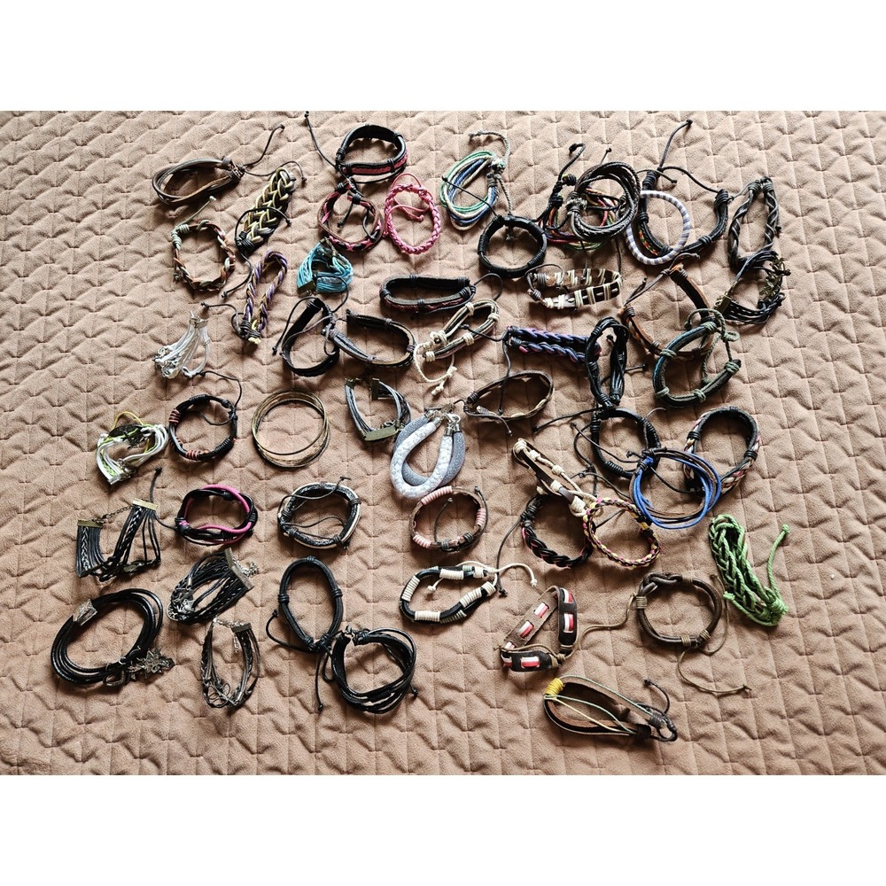 Lot Of 52 ($2.00 Each) Assorted Boho Hippie Leather Metal Hemp Bracelets